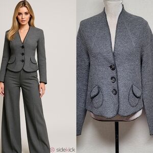 Vintage 90s Gray Wool Knit Black Contrast Stitching Standing Collar Cardigan